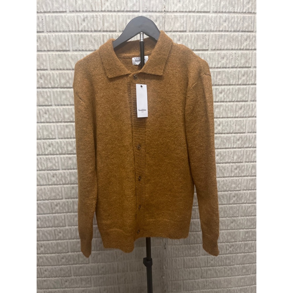 Goodfellow & Co Mens Collared Cardigan Sweater Mustard Brown Fuzzy Knit NEW L